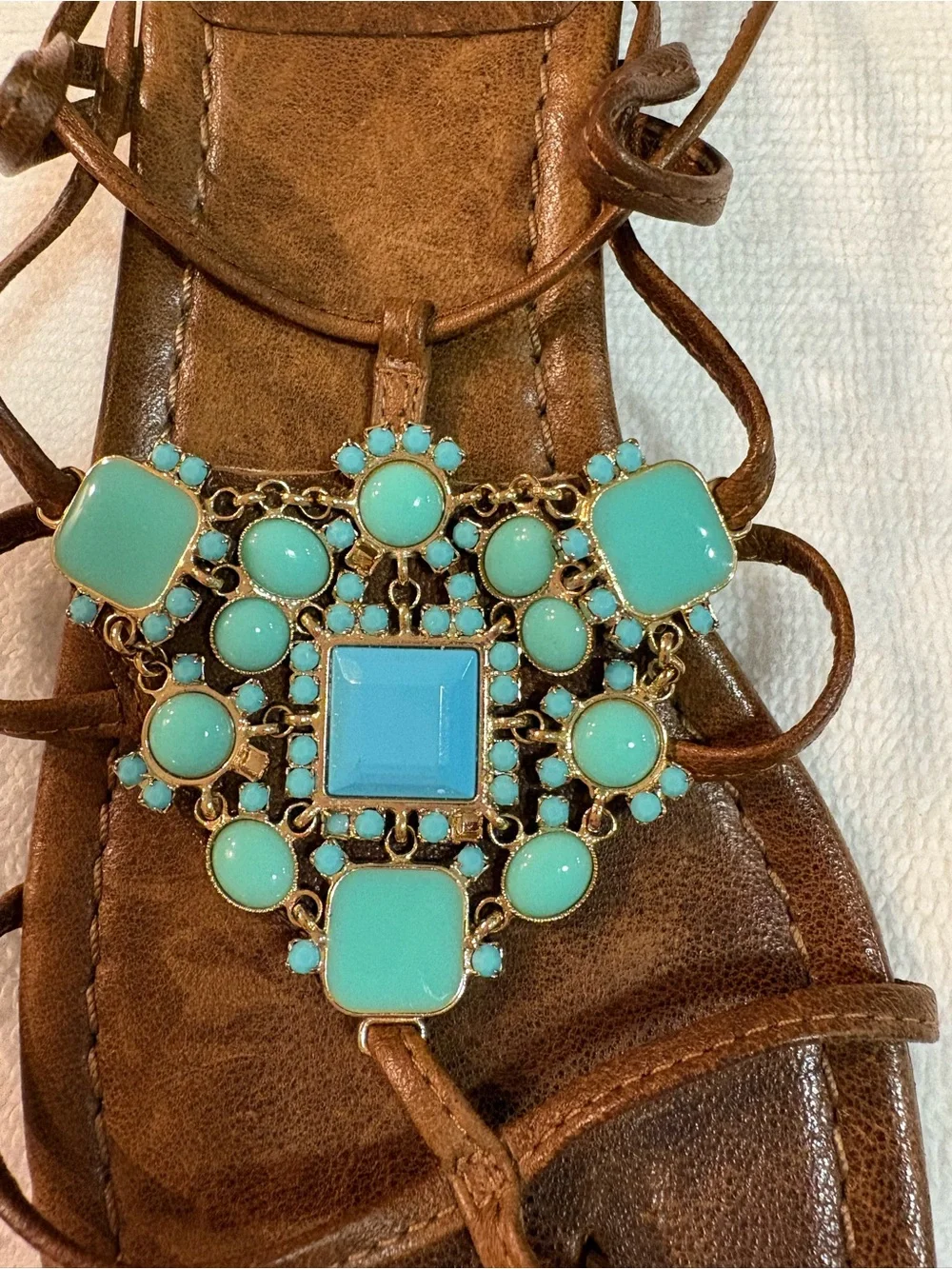 Stuart Weitzman Brown Leather Lace-Up Sandals with Turquoise Stones